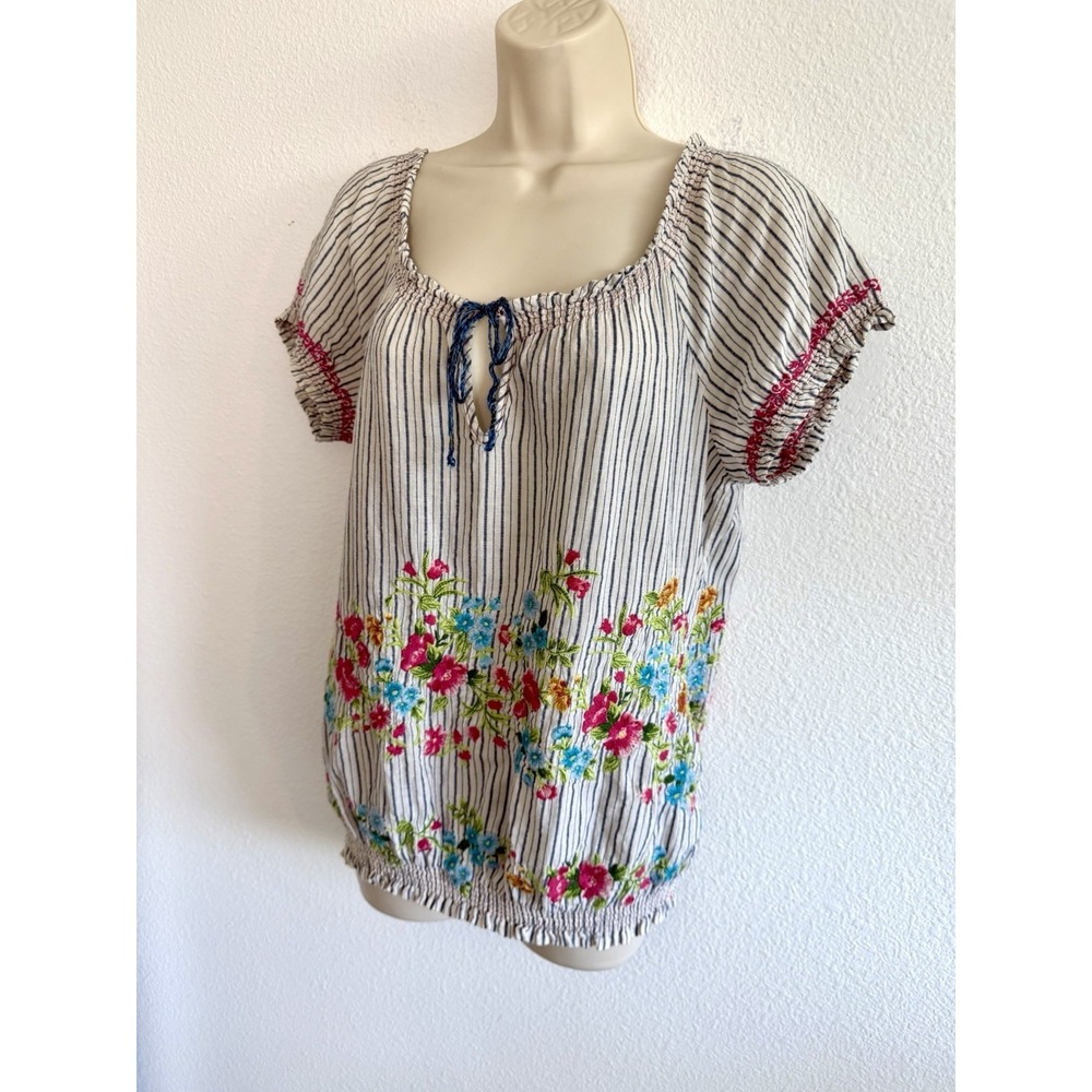 Johnny Was Embroidered Stripe Top S Puff Sleeve Smocked J3 Workshop Boho Cotton - Picture 3 of 12